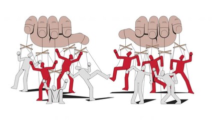 Poster - Totalitarianism manipulation with puppets strings 2D animation. Psychological propaganda. Puppeteer controlling people animated characters cartoon flat concept metaphor 4K video isolated on white