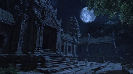 Wall Mural - angkor wat illuminated at night, with the moon casting a soft light over its massive stone structure