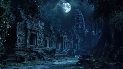 Wall Mural - angkor wat illuminated at night, with the moon casting a soft light over its massive stone structure