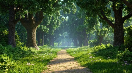 Wall Mural - a serene mist-covered meadow leading into an enchanted forest, bathed in soft morning light.