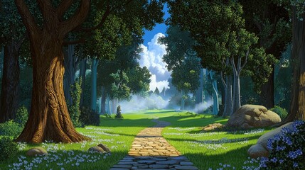 Wall Mural - a serene mist-covered meadow leading into an enchanted forest, bathed in soft morning light.