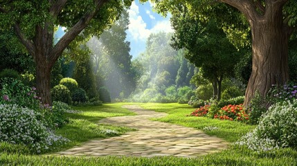 Wall Mural - a serene mist-covered meadow leading into an enchanted forest, bathed in soft morning light.