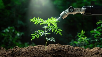 Poster - A sleek robotic arm nurturing a young plant, showcasing the balance of AI and nature.