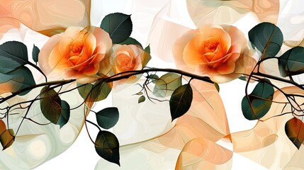Leinwandbilder - Abstract warm floral background with soft peach watercolor washes, intricate botanical branches, and flowing design.