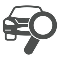 Poster - car with magnifier solid icon, car service concept. vector graphics. automobile and magnifying glass