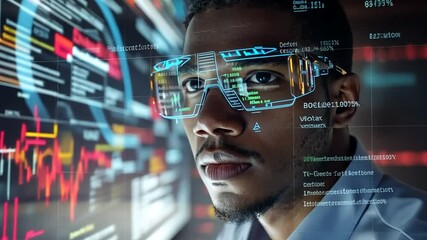 Poster - Man wearing futuristic glasses interacts with a large digital screen displaying complex data and code.