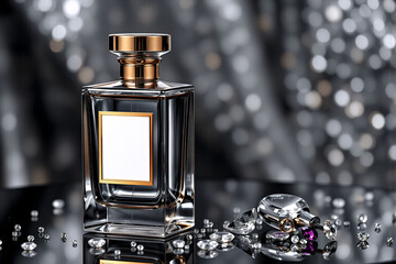 Poster - Elegant perfume bottle with golden accents and a blank label is displayed on a reflective surface with scattered gems.
