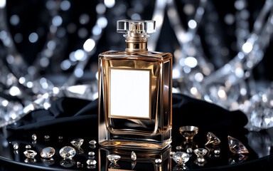 Poster - Elegant perfume bottle with blank label, surrounded by sparkling gems on a black glossy surface, bokeh lights background for a luxurious feel.