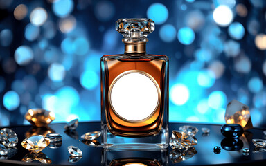 Aufkleber - A luxurious perfume bottle with a crystal stopper sits among sparkling gems on a dark reflective surface, with a soft bokeh of blue and gold lights in the background.