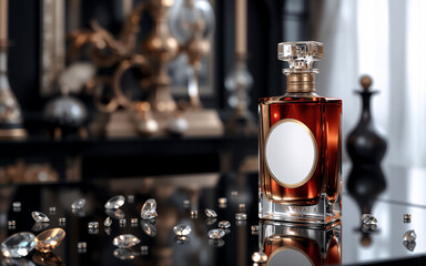 Aufkleber - Elegant perfume bottle with amber liquid and diamonds on a glossy black surface. A luxurious and sophisticated fragrance in a stylish setting.