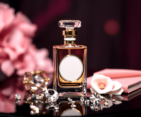 Poster - Elegant perfume bottle with gold accents on a reflective surface, diamonds, pink flower, notebook, blurred pink background.