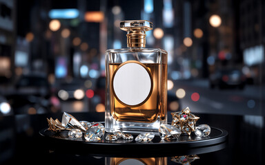 Poster - Elegant perfume bottle with golden liquid and diamond decorations on a black tray, city night lights blurred in the background.