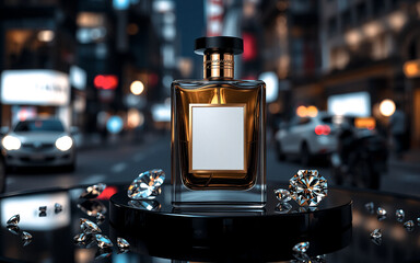 Poster - Elegant perfume bottle with blank label sits on a black stand surrounded by diamonds. City lights softly blur in the background, creating a luxurious scene.