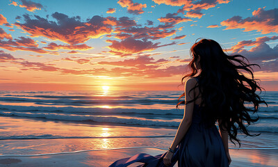 Poster - A woman gazes at the horizon where the sun sets over the ocean, painting the sky with vibrant orange, pink, and blue hues. Gentle waves meet the sandy shore in a tranquil coastal scene.