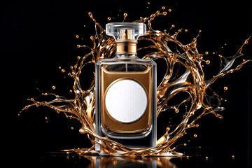 Poster - Elegant perfume bottle with a golden liquid splash, creating dynamic motion. The bottle is reflecting on a dark surface against a stark black background, highlighting its luxury and elegance.