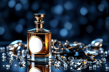 Poster - Elegant perfume bottle with golden cap, sparkling diamonds, and chain on reflective surface against blurred backdrop creates luxurious and elegant feel.