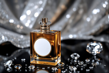 Poster - A luxurious perfume bottle with a golden liquid and gems is displayed against a shimmering silver backdrop, evoking elegance and glamour.
