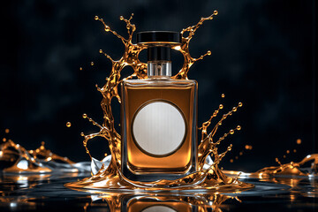 Poster - Elegant perfume bottle with golden liquid splash against a dark backdrop, showcasing luxury and fragrance in a dynamic presentation.