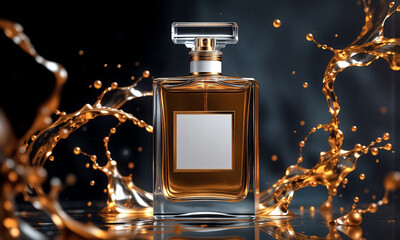 Poster - Elegant perfume bottle with golden liquid and splash against a dark backdrop. Luxurious and sophisticated fragrance concept with reflective surface.