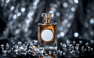 Poster - Elegant perfume bottle on a black surface. Diamonds scatter around, enhancing luxury. Bokeh background creates a blurred, glamorous effect. Golden liquid inside the bottle.