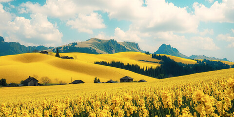 Poster - A scenic view of golden yellow flower field, rolling hills, distant mountains, trees and houses beneath a blue sky dotted with white clouds.