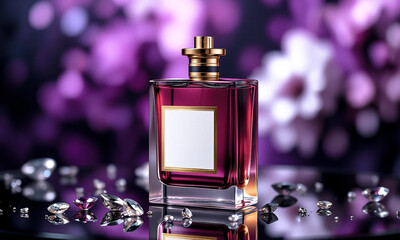 Aufkleber - Elegant purple perfume bottle with golden cap and blank label, surrounded by diamonds on a reflective surface, against a blurred bokeh background.