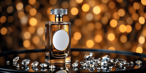 Poster - Elegant perfume bottle on a reflective surface surrounded by sparkling diamonds, with a warm bokeh light background for a luxurious ambiance.