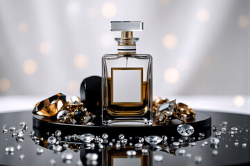 Poster - Elegant perfume bottle showcased on a black pedestal, adorned with scattered gold and silver gems.  A soft, bokeh backdrop enhances the luxurious presentation.