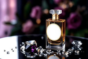 Aufkleber - Elegant perfume bottle with golden liquid and clear cap, on black reflective surface with diamonds, purple gems, floral background.