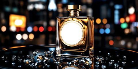 Poster - Elegant perfume bottle with golden accents on a black reflective surface. Sparkling gems scattered around, city lights bokeh background.