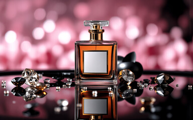 Poster - Elegant perfume bottle filled with brown liquid, placed amongst sparkling gems on a reflective black surface.  Pink bokeh lights create a soft backdrop.