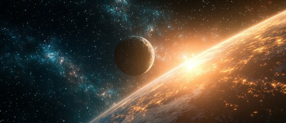 Wall Mural - a planet with a large moon and a sun in the background