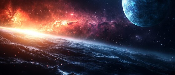 Wall Mural - a colorful space scene with a blue planet and red and orange clouds