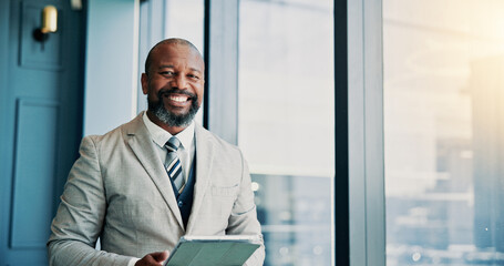 Aufkleber - Mature black man, tablet and lawyer in office, smile and portrait with contact for legal consultation. Person, attorney and advocate with touchscreen with app, lead and review at law firm in Nigeria