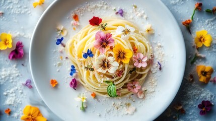 Poster - A beautiful plate of pasta topped with colorful edible flowers and delicate sprinkles, artfully arranged on a white dish surrounded by more vibrant blossoms.