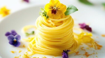 Poster - A beautiful plate of spaghetti with vibrant saffron and edible flowers, arranged in a neat stack, creating a visually stunning and elegant culinary presentation.