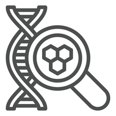 Poster - DNA chain cells with magnifier line icon, genetic research concept. Vector graphics. Magnifying glass and DNA structure sign on white background, outline style icon for mobile or web design.