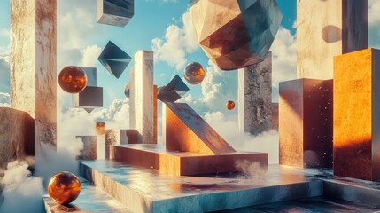 Wall Mural - abstract stone sculptures floating, cloudy sky, product display