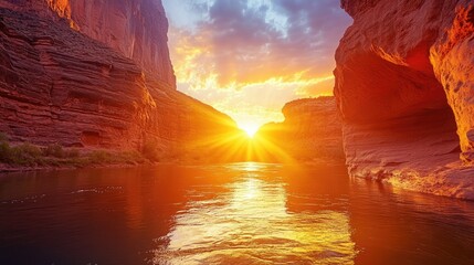 Poster - A breathtaking view of the sunset through a canyon, with golden sunlight reflecting on the water, surrounded by dramatic rock formations.