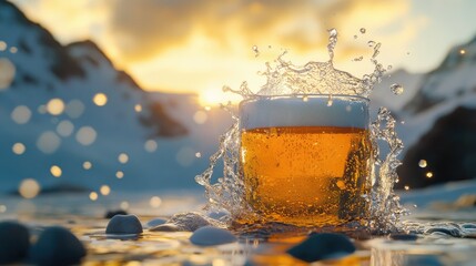 Poster - A captivating image of beer splashing from a glass, with foam and droplets suspended in mid-air, frozen in a moment of dynamic elegance.