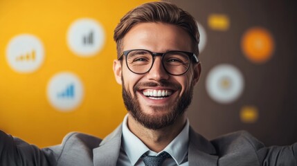 Poster - Man wearing glasses and a suit is smiling. He is wearing a tie and is posing for a picture
