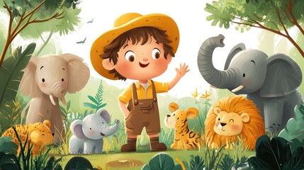 Poster - A cheerful character in a safari outfit surrounded by cute animals like elephants and lions, perfect for illustrations aimed at children stories