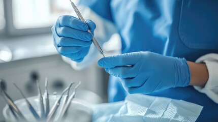 Aufkleber - A close-up of a dentist gloved hands skillfully using dental tools during a procedure, highlighting professionalism and care in the dental clinic.