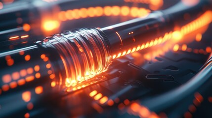 Poster - A close-up of a fiber optic cable connector glowing and emitting light, the illuminated fibers creating a captivating and futuristic effect.