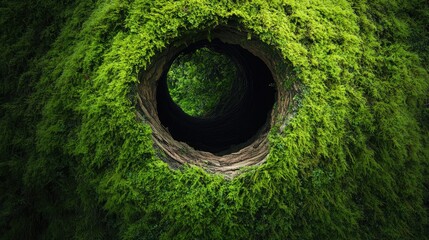 Poster - A close-up of a tree trunk revealing a perfectly formed circular opening, surrounded by vibrant green moss, showcasing nature beauty and the passage of time.