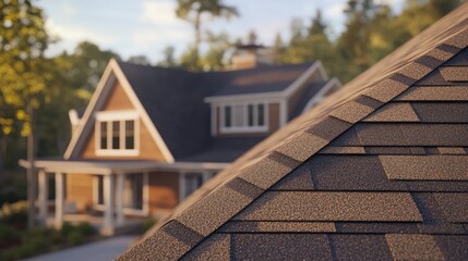 Poster - A close-up of asphalt shingles on a roof, with a residential house in the background, focusing on roofing design and materials.