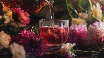 Poster - A close-up of hot tea being poured into a glass cup, surrounded by fresh flowers, showcasing warmth and beauty.