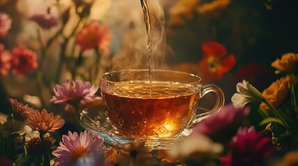 Poster - A close-up of hot tea being poured into a glass cup, surrounded by fresh flowers, showcasing warmth and beauty.
