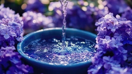 Poster - A close-up of hot water pouring into a blue bowl surrounded by vibrant purple flowers, creating a soothing, natural scene.