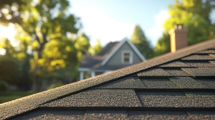 Poster - A close-up of the asphalt shingles on a roof, showing detailed textures, with the house in the background, emphasizing roofing construction